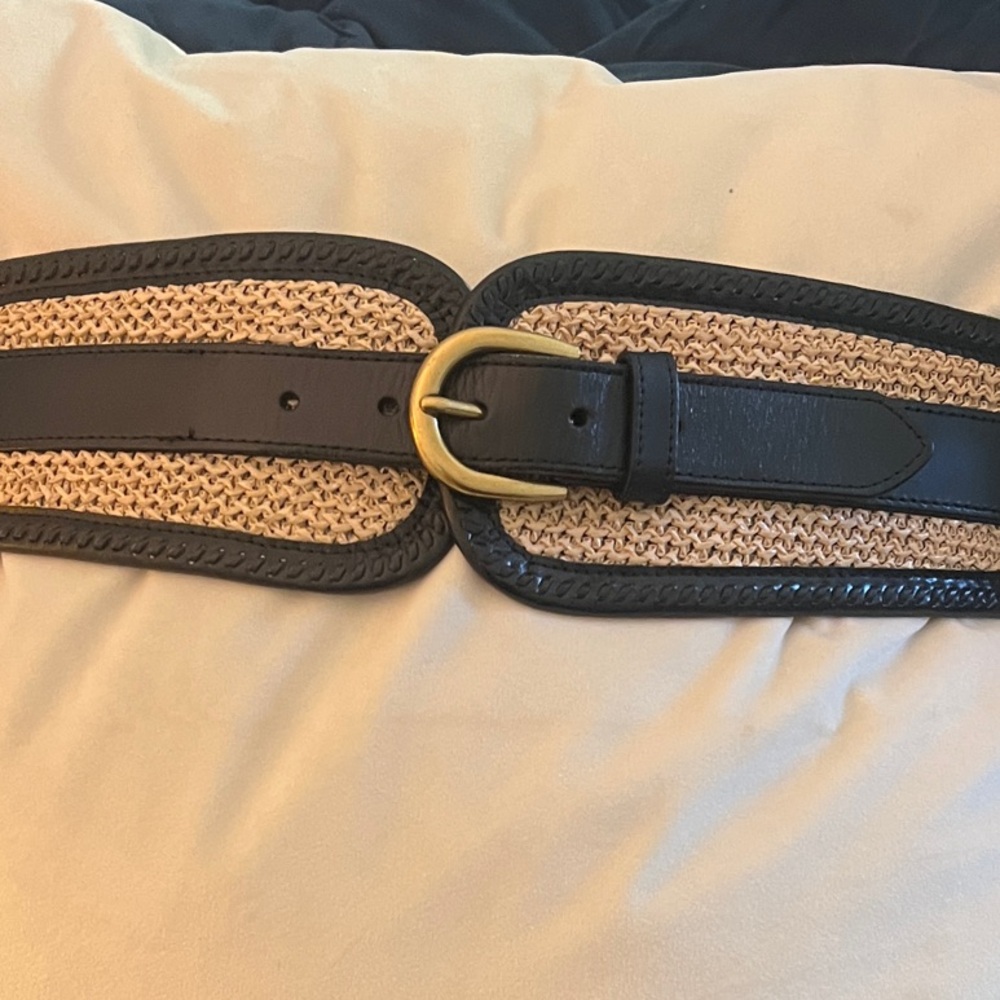 White House Black Market - Black and Tan Woven Belt with Gold Buckle